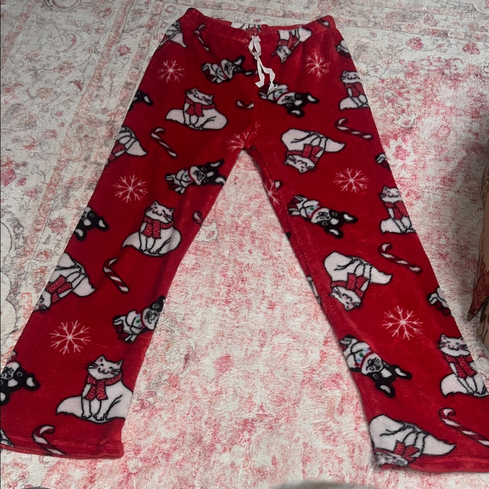 Festive Red Pajama Pants with Dog and Cat Print